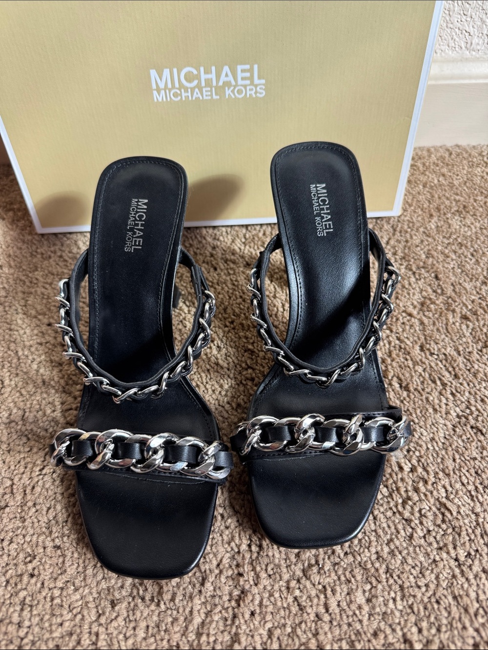 Women size 7 Michael Kors Black Leather Slide Sandals with Silver Chain Detail